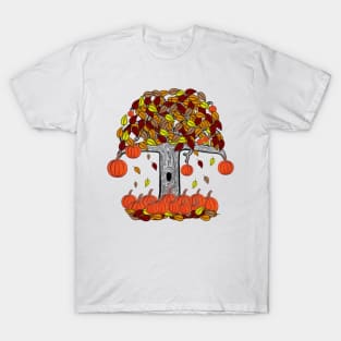 Simple Dark Tree With Pumpkins and Falling Leaves, Spooky Tree With Pumpkins leaves and pumpkins T-Shirt